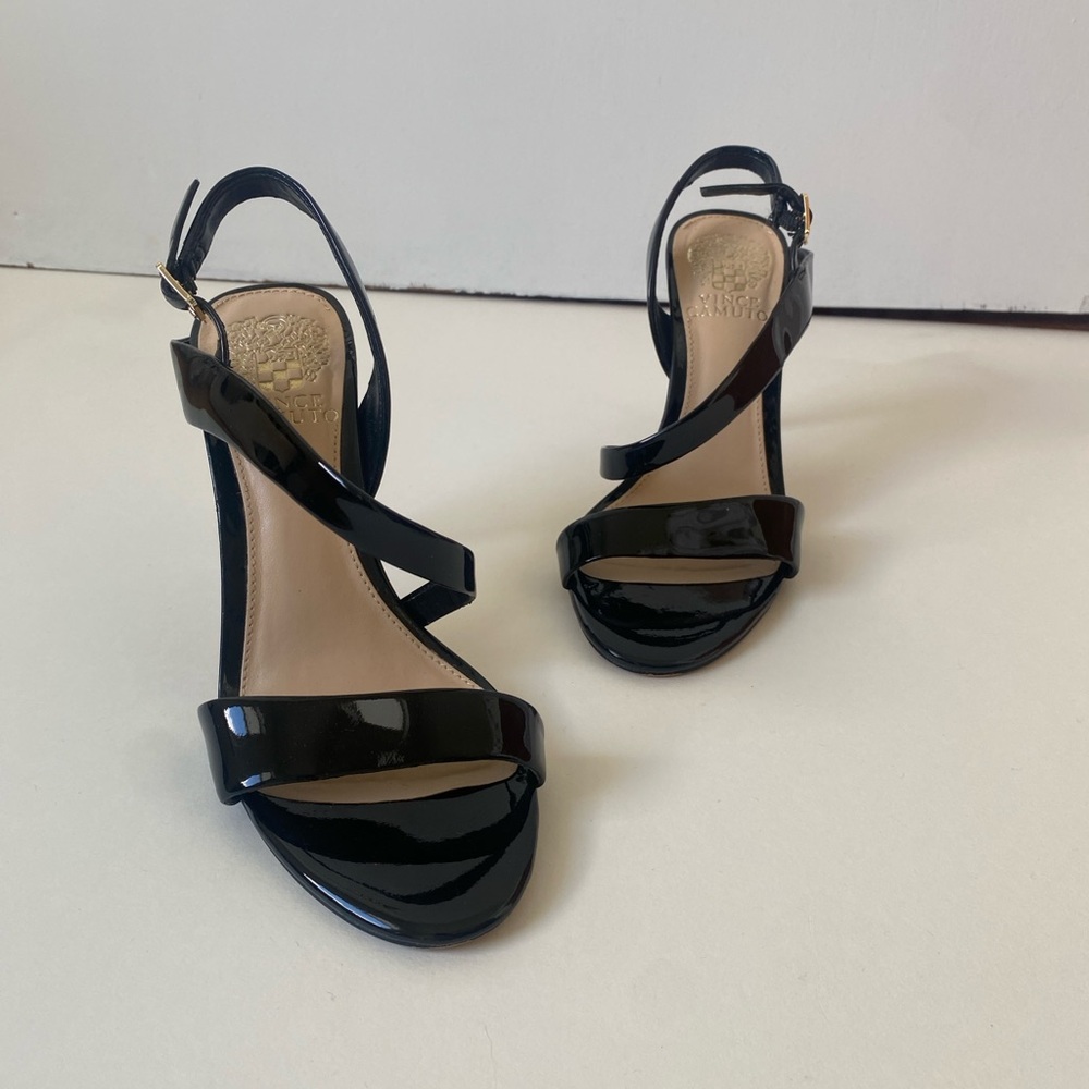 Vince Camuto Black Patent Leather Strappy Heeled Sandals, size 6